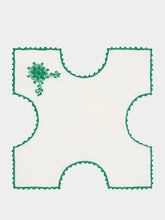 House of Capricorn Hand-Embroidered Teresa White Linen with Green Crochet Bread Basket Cloth