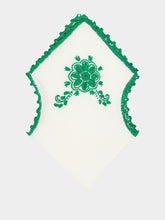 House of Capricorn Hand-Embroidered Teresa White Linen with Green Crochet Bread Basket Cloth