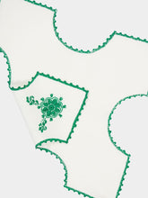 House of Capricorn Hand-Embroidered Teresa White Linen with Green Crochet Bread Basket Cloth