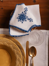 House of Capricorn Hand-Embroidered Teresa White Linen with Blue Crochet Bread Basket Cloth
