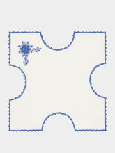 House of Capricorn Hand-Embroidered Teresa White Linen with Blue Crochet Bread Basket Cloth