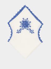 House of Capricorn Hand-Embroidered Teresa White Linen with Blue Crochet Bread Basket Cloth