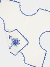 House of Capricorn Hand-Embroidered Teresa White Linen with Blue Crochet Bread Basket Cloth