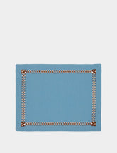 House of Capricorn Hand-Embroidered Maria Turquoise Linen with Brown Embroidery Placemat