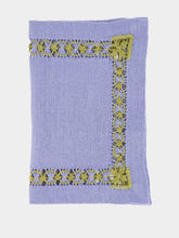 House of Capricorn Hand-Embroidered Maria Blue Linen with Green Embroidery Cocktail Napkin