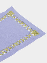 House of Capricorn Hand-Embroidered Maria Blue Linen with Green Embroidery Cocktail Napkin