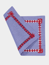 House of Capricorn Hand-Embroidered Maria Blue Linen with Red Embroidery Cocktail Napkin