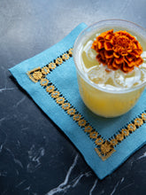House of Capricorn Hand-Embroidered Maria Turquoise with Yellow Embroidery Cocktail Napkin