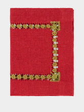House of Capricorn Hand-Embroidered Maria Bordeaux Linen with Green Embroidery Cocktail Napkin