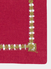 House of Capricorn Hand-Embroidered Maria Bordeaux Linen with Green Embroidery Cocktail Napkin