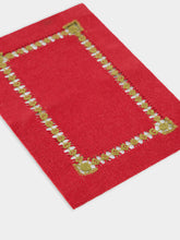 House of Capricorn Hand-Embroidered Maria Bordeaux Linen with Green Embroidery Cocktail Napkin