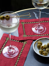 House of Capricorn Hand-Embroidered Maria Bordeaux Linen with Green Embroidery Cocktail Napkin