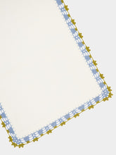 House of Capricorn Hand-Embroidered Leonor White Linen With Blue and Green Crochet Placemat