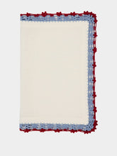 House of Capricorn Hand-Embroidered Leonor White Linen with Blue and Bordeaux Crochet Placemat