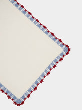 House of Capricorn Hand-Embroidered Leonor White Linen with Blue and Bordeaux Crochet Placemat