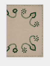 House of Capricorn Hand-Embroidered Viana Beige Linen with Green Embroidery Placemat and Napkin Set