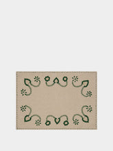 House of Capricorn Hand-Embroidered Viana Beige Linen with Green Embroidery Placemat and Napkin Set
