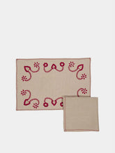 House of Capricorn Hand-Embroidered Viana Beige Linen with Red Embroidery Placemat and Napkin Set