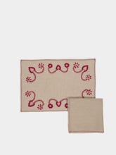 House of Capricorn Hand-Embroidered Viana Beige Linen with Red Embroidery Placemat and Napkin Set
