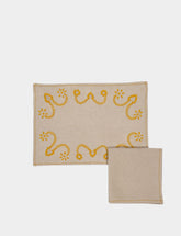 House of Capricorn Hand-Embroidered Viana Beige Linen with Yellow Embroidery Placemat and Napkin Set