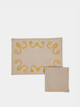 House of Capricorn Hand-Embroidered Viana Beige Linen with Yellow Embroidery Placemat and Napkin Set
