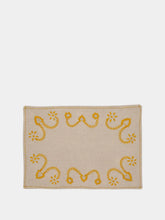 House of Capricorn Hand-Embroidered Viana Beige Linen with Yellow Embroidery Placemat and Napkin Set