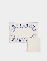 House of Capricorn Hand-Embroidered Viana White Linen with Blue Embroidery Placemat and Napkin Set