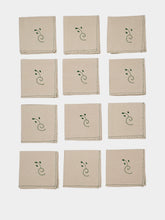House of Capricorn Hand-Embroidered Viana Beige Linen with Green Embroidery Tablecloth and Napkin Set