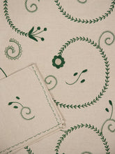 House of Capricorn Hand-Embroidered Viana Beige Linen with Green Embroidery Tablecloth and Napkin Set