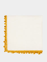 House of Capricorn Hand-Embroidered Teresa White Linen with Yellow Crochet Cocktail Napkin