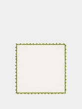 House of Capricorn Hand-Embroidered Teresa White Linen with Dark Green Crochet Cocktail Napkin