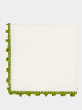 House of Capricorn Hand-Embroidered Teresa White Linen with Dark Green Crochet Cocktail Napkin