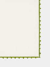 House of Capricorn Hand-Embroidered Teresa White Linen with Dark Green Crochet Cocktail Napkin