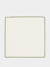 House of Capricorn Hand-Embroidered Teresa White Linen with Dark Green Crochet Napkin