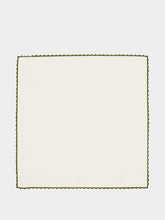 House of Capricorn Hand-Embroidered Teresa White Linen with Dark Green Crochet Napkin