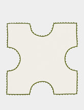 House of Capricorn Hand-Embroidered Teresa White Linen with Dark Green Crochet Bread Basket Cloth