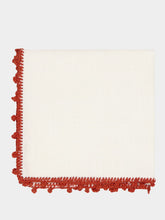House of Capricorn Hand-Embroidered Teresa White Linen with Brick Crochet Cocktail Napkin