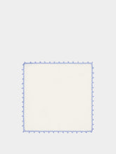 House of Capricorn Hand-Embroidered Teresa White Linen with Light Blue Crochet Cocktail Napkin