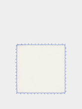 House of Capricorn Hand-Embroidered Teresa White Linen with Light Blue Crochet Cocktail Napkin