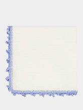 House of Capricorn Hand-Embroidered Teresa White Linen with Light Blue Crochet Cocktail Napkin