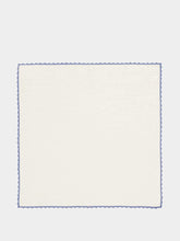 House of Capricorn Hand-Embroidered Teresa White Linen with Light Blue Crochet Napkin