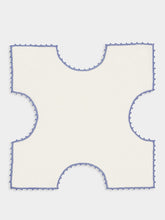 House of Capricorn Hand-Embroidered Teresa White Linen with Light Blue Crochet Bread Basket Cloth