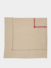 House of Capricorn Hand-Embroidered Maria Natural Linen with Red Embroidery Tablecloth