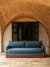 House of Capricorn Afonso Blue and Brick Wood Velvet Sofa