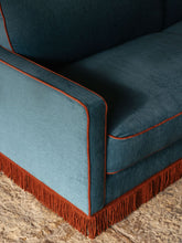 House of Capricorn Afonso Blue and Brick Wood Velvet Sofa
