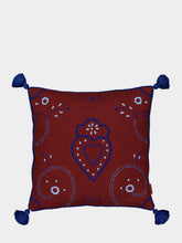 House of Capricorn Hand-Embroidered Viana Bordeaux Linen with Blue Embroidery Cushion