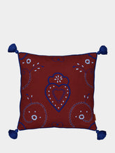 House of Capricorn Hand-Embroidered Viana Bordeaux Linen with Blue Embroidery Cushion