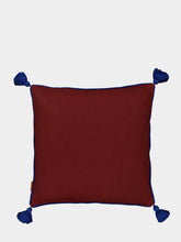 House of Capricorn Hand-Embroidered Viana Bordeaux Linen with Blue Embroidery Cushion