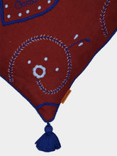 House of Capricorn Hand-Embroidered Viana Bordeaux Linen with Blue Embroidery Cushion