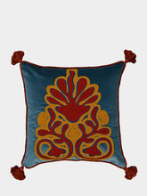 House of Capricorn Teles Blue Velvet and Chenille Embroidered Cushion